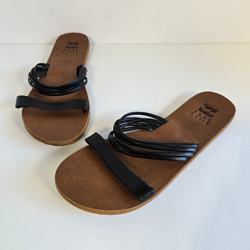 Billabong Crossing Over Sandals Faux Leather Womens 8 Black Strappy Slides